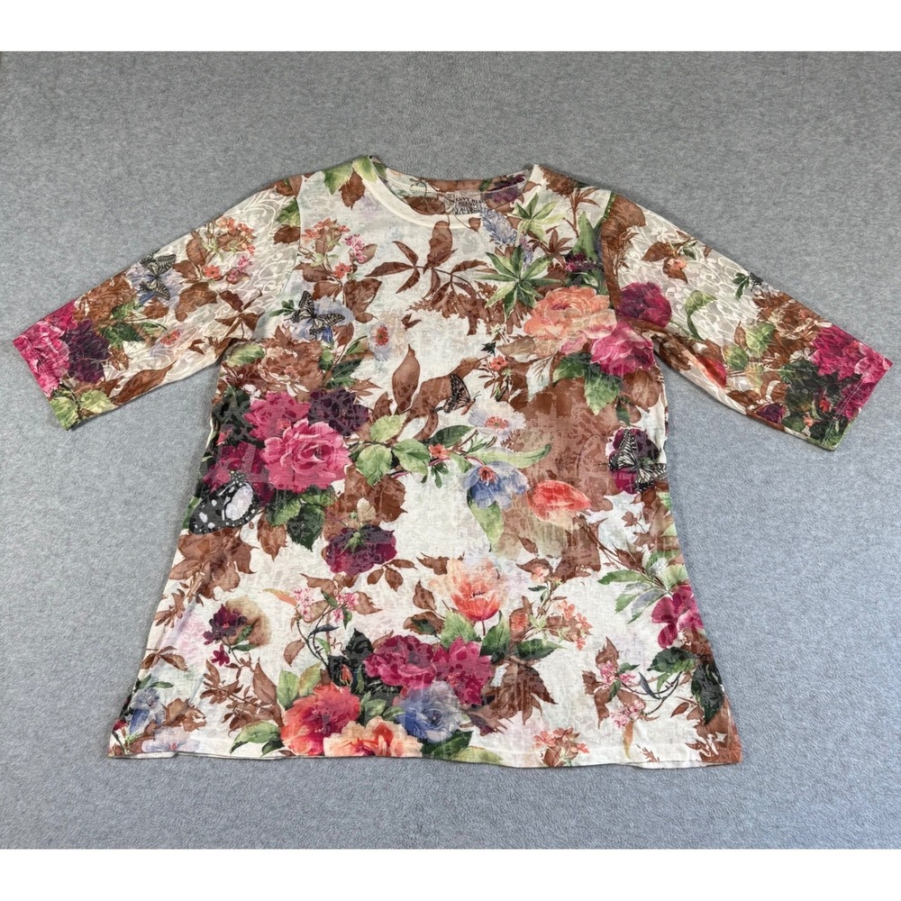 Envy Blu Floral Butterfly Mesh Top Lace Sleeve 3/4 Crew Neck Size (L)